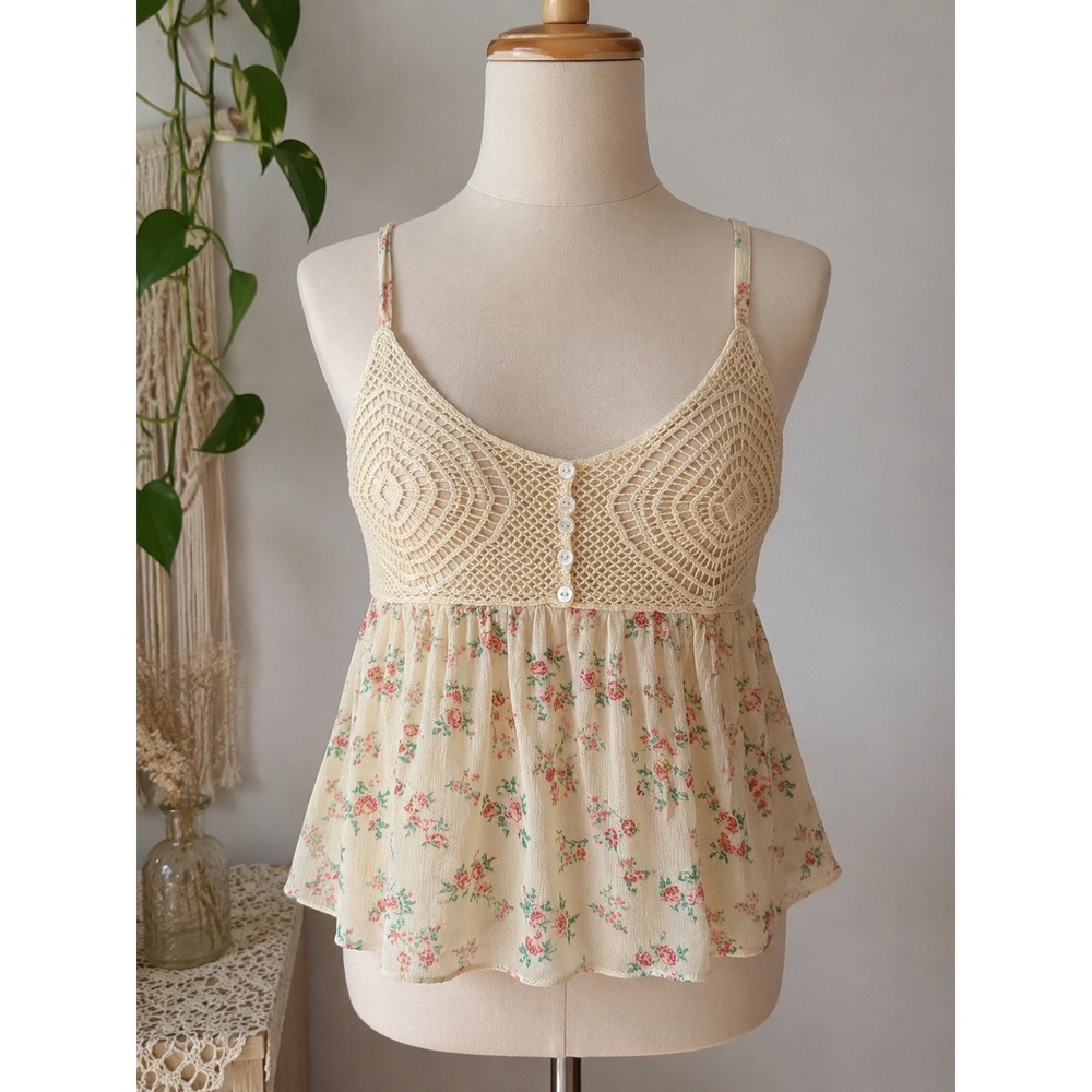 Neon Soul Floral Crochet Babydoll Cami | Cottagecore Coquette Boho Tank Top S